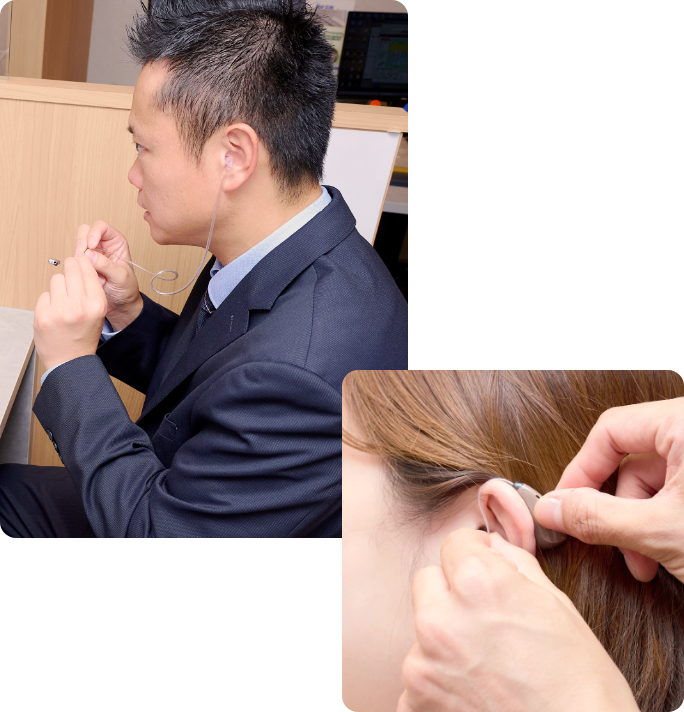 補聴器装着する様子と補聴器を点検する様子